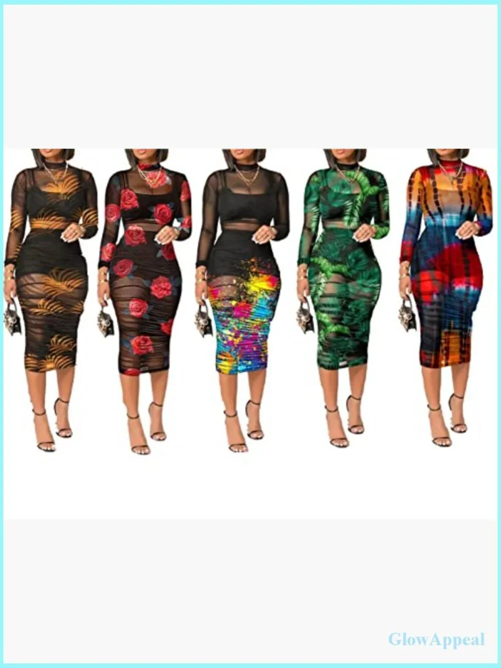 Sheer Mesh Bodycon Midi Dress Long Sleeve 3 Piece Outfit Set Floral